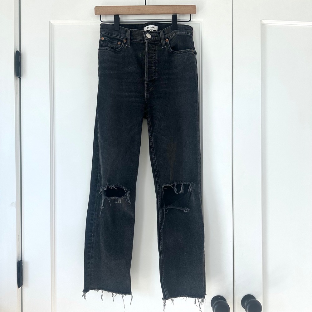 RE/DONE Originals 70s Stove Pipe‎ Faded Coal With Rips Jeans 165-3WSTV27 Size 26